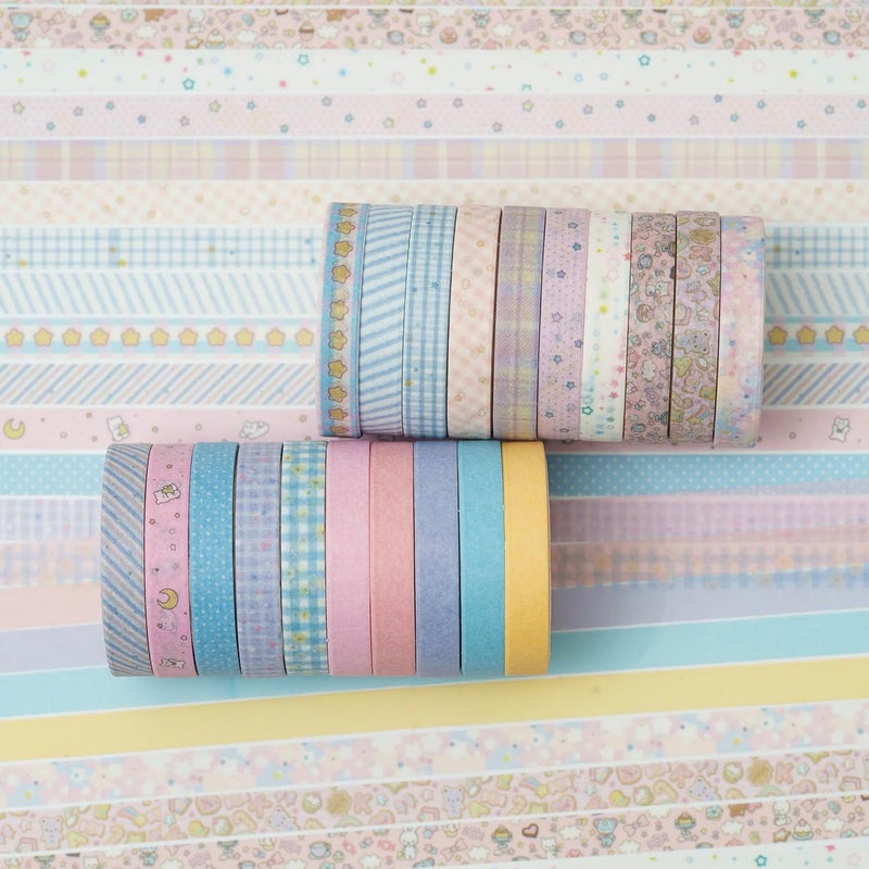 YUBX Vintage Washi Tape Set 20 Rolls Skinny Retro Decorative Antique Patterns Masking Tapes for Arts, DIY Crafts, Journals, Planners, Scrapbook, Wrapping (Kawaii) - Image 3